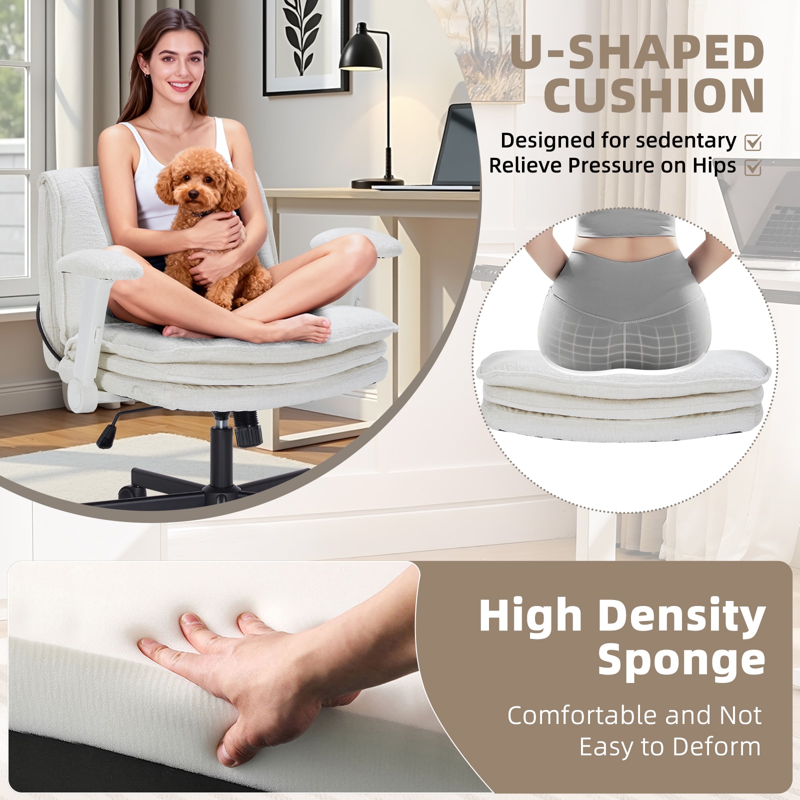 Criss Cross Chair With Wheels And Flip Arms, Upholstered Cross Legged Office Chair With 3 Layer Cushions&Dynamic Airbag Lumbar Support, Wide Seat Comfy Desk Chair For Home Office, Living Room, Beige_maomaolike.com